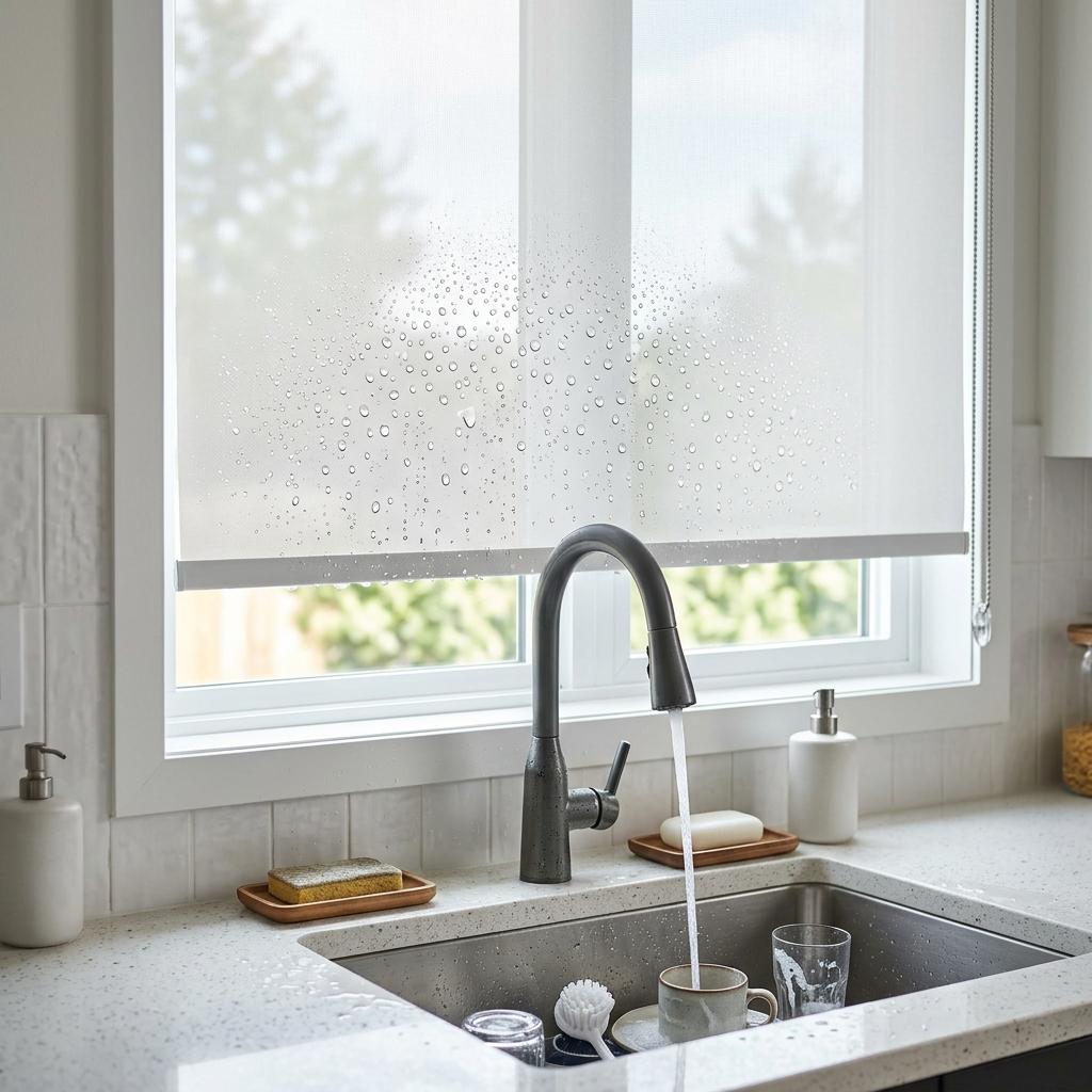 PVC blinds showing water drops