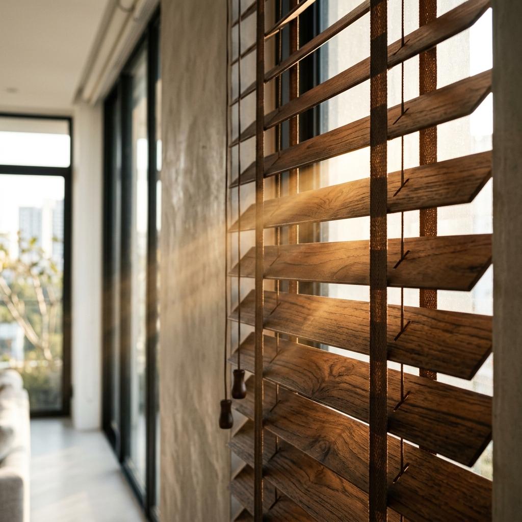Dark teak wooden blinds closeup
