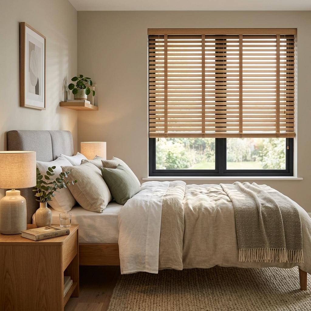 Oak blinds in a bedroom window