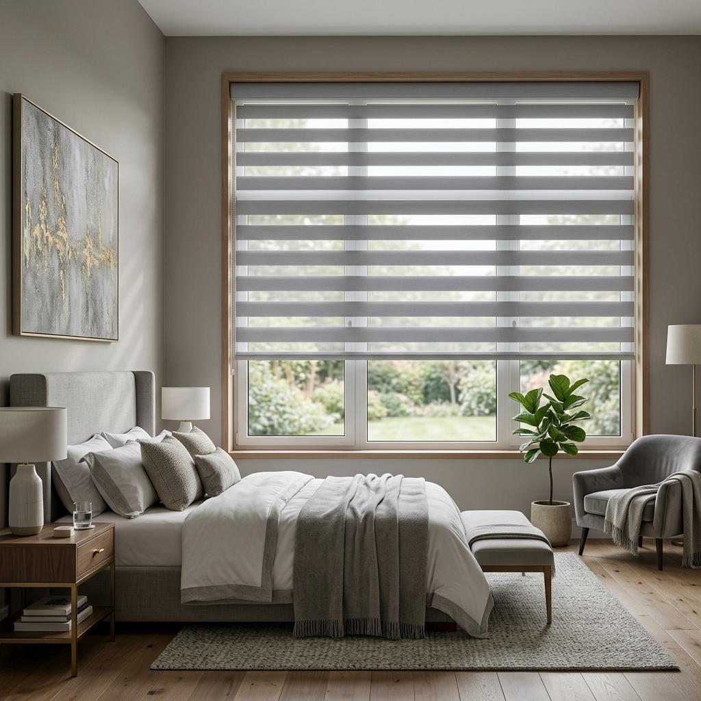 Beige zebra blinds in bedroom